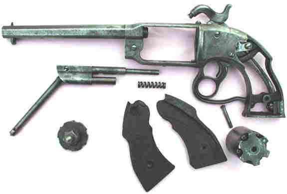 LEFT SIDE VIEW OF THE SAVAGE-NORTH NAVY REVOLVER WITH THE COMBINATION LOADING LEVER / CYLINDER ARBOR MECHANISM, CYLINDER ARBOR SPRING, CYLINDER, PRESSURE PLATE AND GRIPS REMOVED